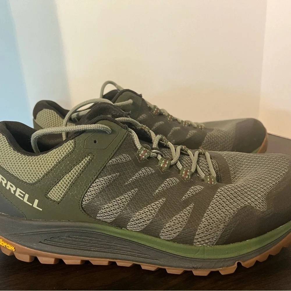 Merrell Green and Brown Athletic Shoes with Breathable Mesh and Aggressive Tread